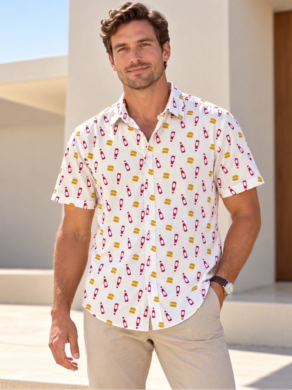 Heinz Mens Ketchup Burger Print Cotton Button Down Shirt Short Sleeve White L